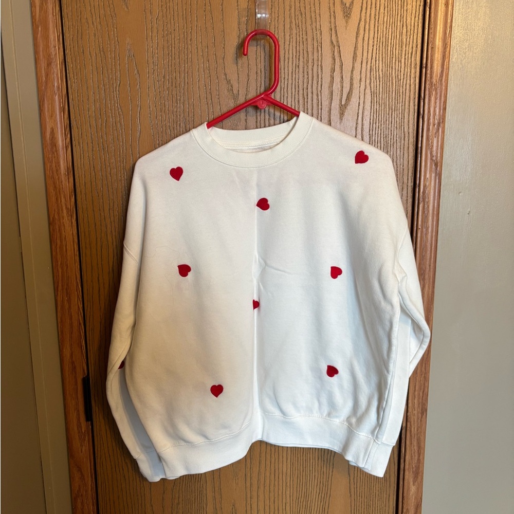 White Crewneck Sweatshirt with Red Heart Accents